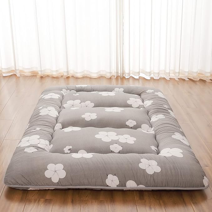 Japanese Floor Mattress, Futon Mattress with Portable Storage Bag and Washable Cover, Roll Up Thick Tatami Mat Suitable for Camping, Guest Room, Grey Cotton, Twin - Bloomnest