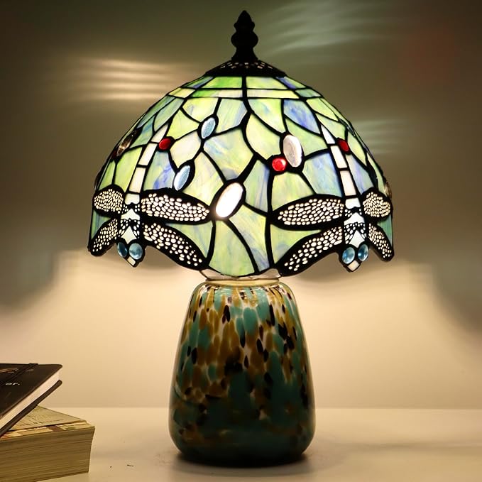 Tiffany Mushroom Table Lamp Dragonfly Style Sea Blue Stained Glass Accent Lamp Brown Blue Glass Base 8X8X12 Inch - Bloomnest