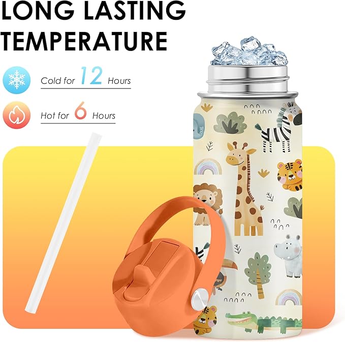16oz Kids Wild Animal Water Bottle with Straw Lid, Stainless Steel Insulated Tumbler, Leakproof, BPA-Free, for Boys & Girls, Travel - Forest Friends Nature Lovers Birthday Gift Cup (1pc) - Bloomnest