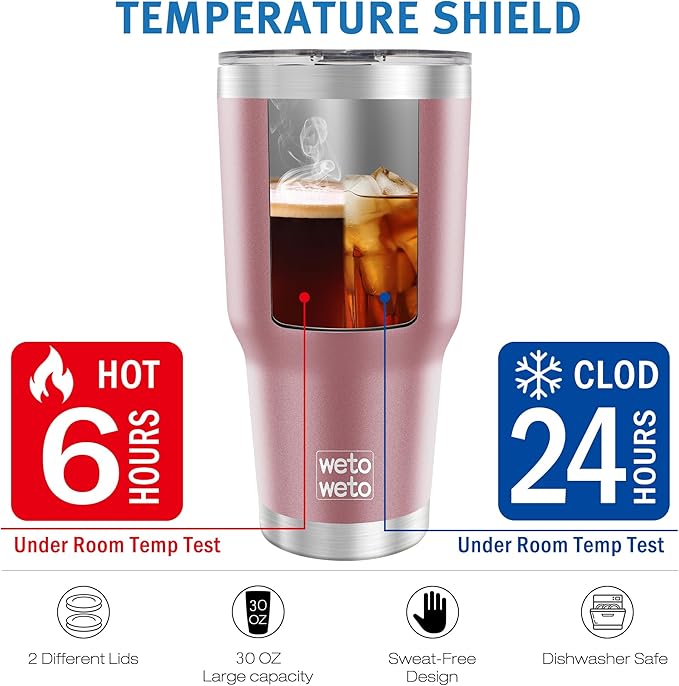 WETOWETO 30oz Tumbler, Stainless Steel Vacuum Insulated Water Coffee Tumbler Cup, Double Wall Powder Coated Spill-Proof Travel Mug Thermal Cup for Home Outdoor (Rose Gold, 1 Pack) - Bloomnest