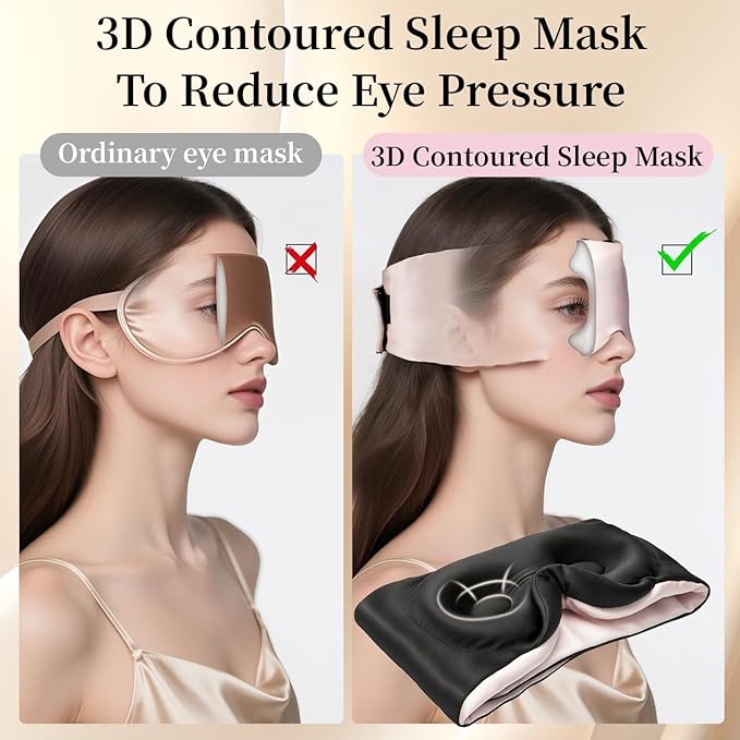 USlixury Silk Sleep Mask, 3D Contoured Sleeping Masks, Blackout Sleep Masks for Women with Nose Wing,100% Mulberry Silk, Face-Hugging Non-Slip SLEP Mask for Side Sleeper, 27.5x4.5'', Peach - Bloomnest