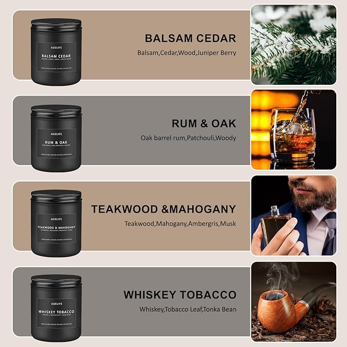 Winter Candle Gift Set for Men – 4 Pack Soy Candles with Balsam Cedar, Teak & Mahogany, Whiskey Tobacco, Rum & Oak – Masculine Scented Candles for Home, Christmas Gift Set for Dad Fathers Day - Bloomnest