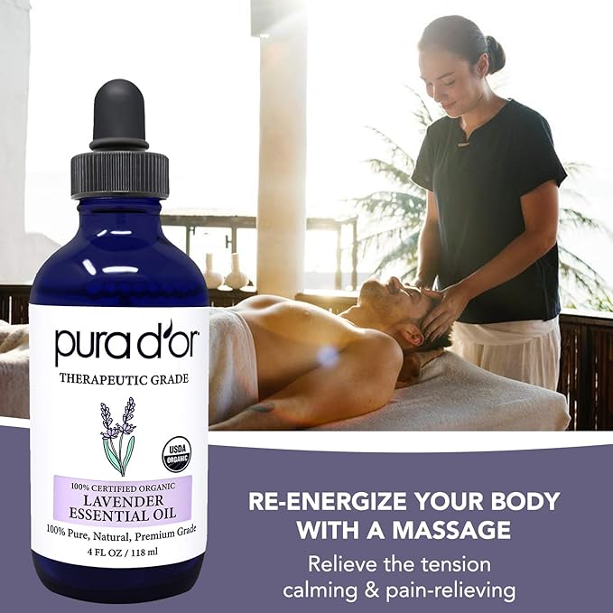 PURA D'OR Organic Lavender Essential Oil (4oz with Glass Dropper) 100% Pure & Natural Therapeutic Grade for Hair, Body, Skin, Aromatherapy Diffuser, Relaxation, Meditation, Massage, Home, DIY Soap - Bloomnest