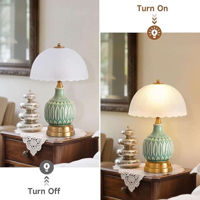 Table Lamps for Bedroom Vintage Golden Table Lamps for Bedroom Ceramic Retro Lamp for Living Room,16" Modern Bedside Nightstand Traditional Lamps, Classic Chinoiserie Green Glass Lamp for Home Decor - Bloomnest
