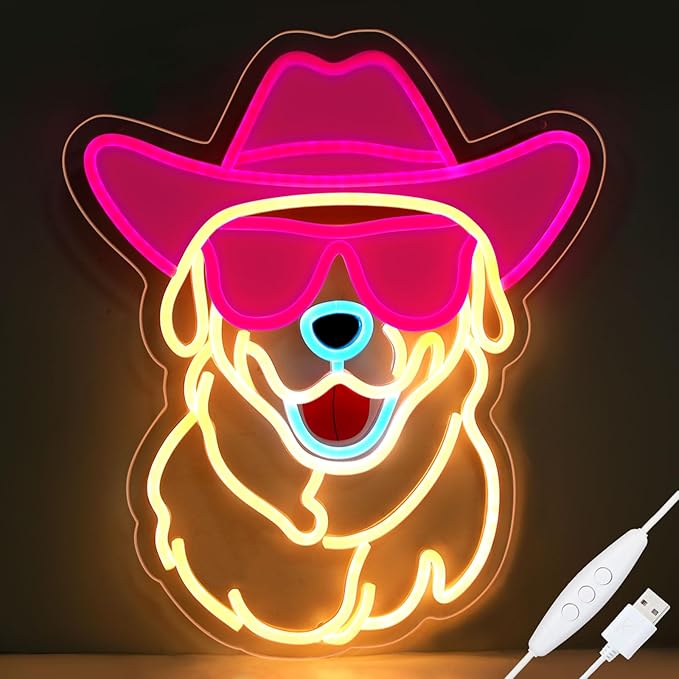 Retisee Golden Retriever Neon Sign Wall Decor Wearing Glasses Dog with Cowboy Hat LED Neon Light Dimmable Pet Animal Sign for Dog Lover Living Room Shop Bar Birthday Party Accessory Birthday Gift - Bloomnest