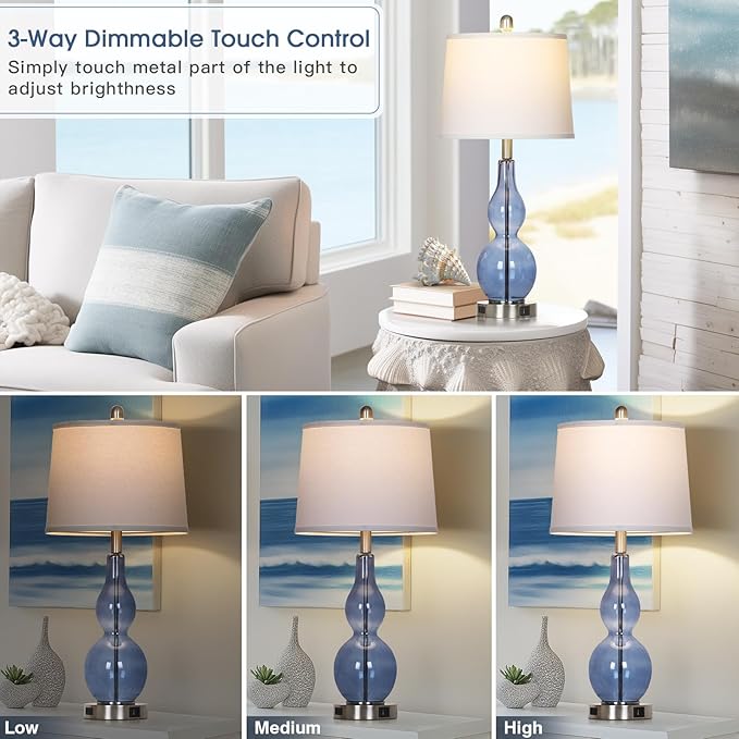 27.5" Coastal Blue Glass Double Gourd Table Lamp Set of 2,3-Way Dimmable Touch Control Bedside Lamps with USB Ports and AC Outlet, Nautical Nightstand Lamps for Bedroom Living Room - Bloomnest