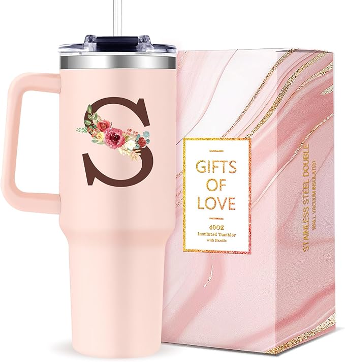 Monogrammed 40oz Tumbler with Handle for Women, Personalized Birthday Gifts for Women,Initial Cups for Woman Floral Letter S,Customized Gifts for Female Lady Gift for Mothers Day Christmas - Bloomnest