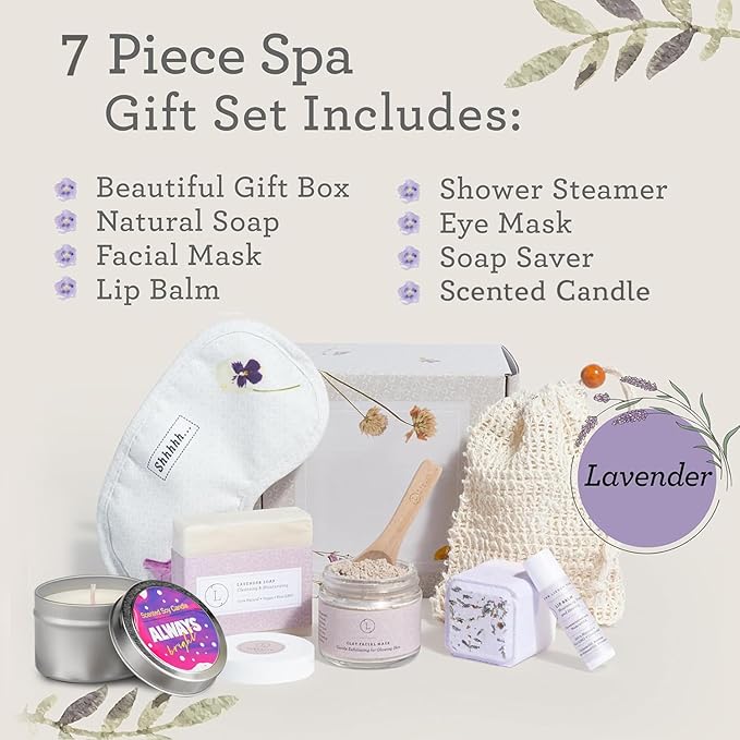 Lizush Luxury Spa Gifts for Women – 7 Piece Lavender Gift Set with Candle, Gift Baskets for Women, Body Care Set for Mom, Birthday Box, Relaxation & Self Care Spa Kit for Wife – Handmade in the USA