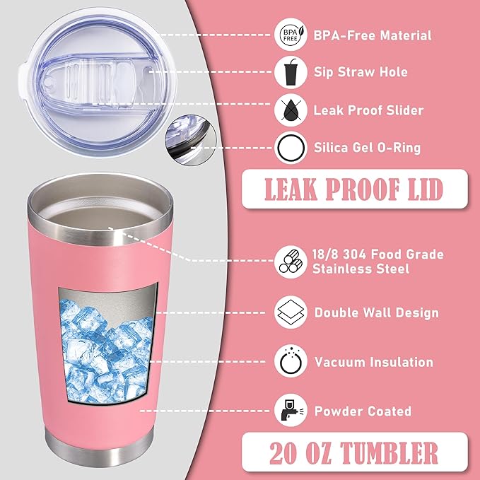 20 oz Tumbler Coffee Travel Tumblers Bulk with Lid Stainless Steel Double Wall Vacuum Insulated Mug Powder Coated Cups fit Car Cupholder for Hot and Cold - Pink, 4Pack - Bloomnest