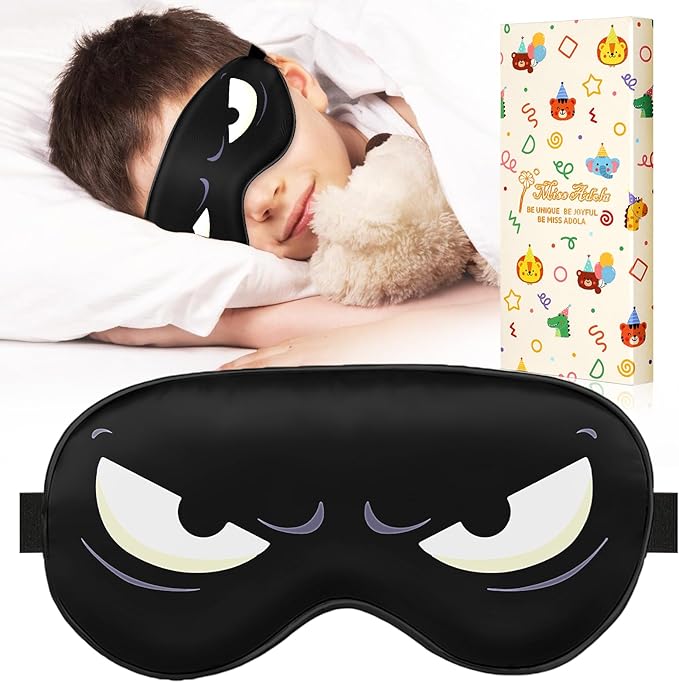 Sleep Mask for Kids - Silk Eye Mask for Sleeping Cute Cartoon Kids Sleep Mask for Boys Girls Teens Soft Smooth Adjustable Straps Silk Kids Eye Cover, Black White Eyes - Bloomnest