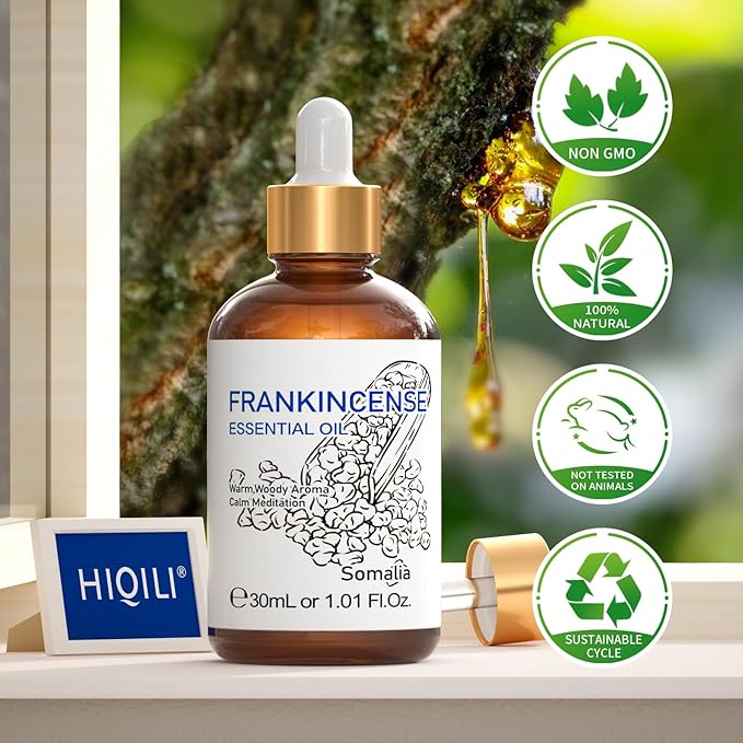 HIQILI 30ML Frankincense Essential Oil, Relaxing, Skin Care, Camp Atmosphere Creation, Can be Added to Body Lotions, Creams, Aromatherapy Use - 1 Fl Oz - Bloomnest