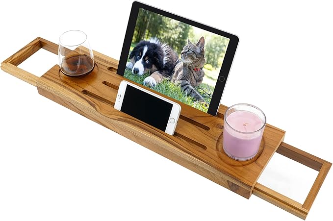 Teak Bathtub Tray Caddy - Expandable Bath Tray - Adjustable Organizer Tray for Bathroom - Luxury Bath Caddy Tub Table, Bathtub Accessories & Bathroom Gadgets - Bloomnest