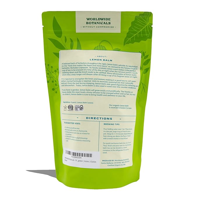 Worldwide Botanicals Organic Lemon Balm Tea, 6 Ounces - Loose Leaf Premium Herbal Tea | 100% Pure Lemon Balm Leaves | For Stress Relief and Good Digestion | Kosher - Bloomnest