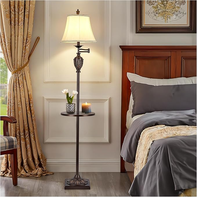 Traditional LED Floor Lamp with 350° Adjustable Swing Arm Lamp – Vintage Standing Pole lamp for Living Room, Bedroom and Office – Rustic Upright Floor Light for Home Décor with Silk Fabric Shade - Bloomnest