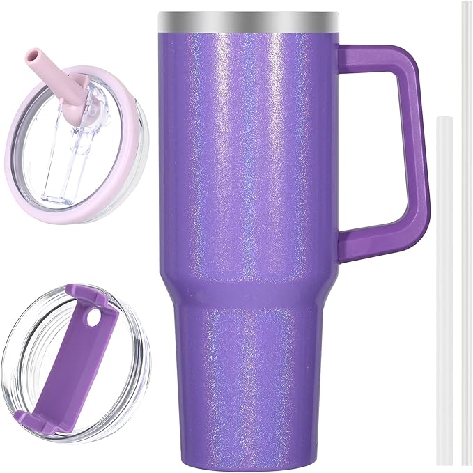 40 oz Tumbler with Handle and Flip Straw Lid, Vacuum Insulated Leak Proof Double Walled Stainless Steel Glitter Travel Mug Tumblers, Maintains Cold Ice and Heat for Hours(Purple) - Bloomnest
