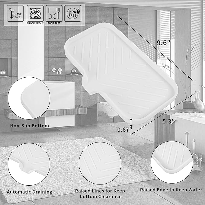 Silicone Bathroom Soap Dishes with Drain Spout-Bathroom and Kitchen Sink Organizer,Sponge Holder,Dish Soap Tray,Perfect for Dispenser,Scrubber,Bottle,Cup on Sink or Counter-White 9.6"×5.3" - Bloomnest