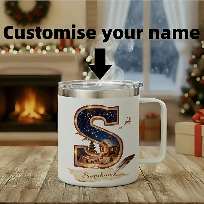 Personalized Christmas Mug | Custom Storybook Initial Insulated Coffee Cup with Handle & Lid | 12oz Magical Holiday Tumbler, Unique Gift for Readers & Kids (B18) - Bloomnest