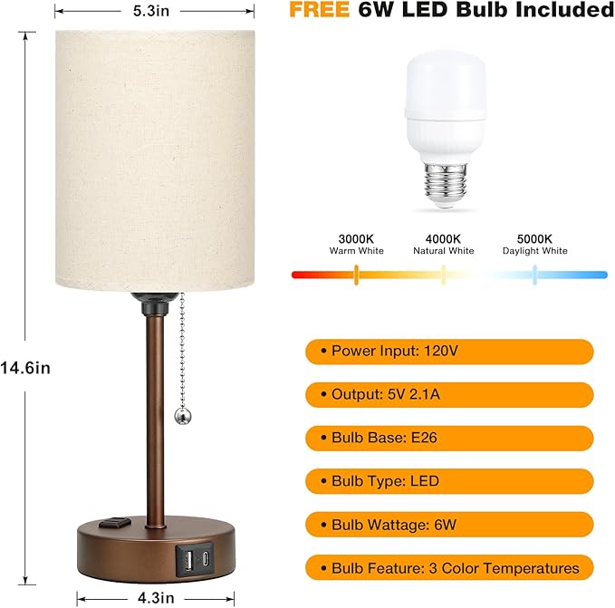 Dicoool Small Bedside Table lamp for Bedroom - 3 Color Temperatures Brown Bedside Lamps with USB C and A Ports, Pull Chain Table Lamps with AC Outlet, Black Nightstand Lamps for Kids Reading Study - Bloomnest