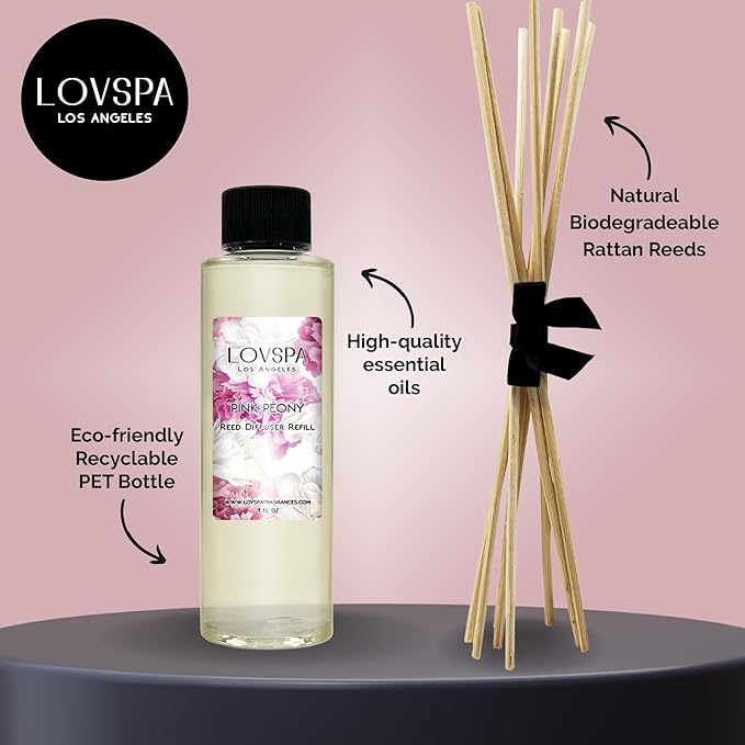 LOVSPA Pink Peony Diffuser Oil - Luxury Essential Oils for Diffuser Refill & Air Freshener Room Spray - Long-Lasting & Natural Home Fragrance, Scented Oil for Diffusers, USA Made, 4oz - Bloomnest