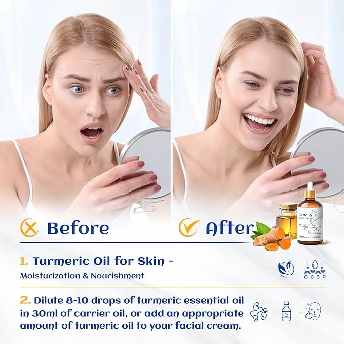HIQILI 100ML Turmeric Oil for Face Skin Care, Aromatherapy,100% Pure, Use After Dilution- 3.38 Fl Oz - Bloomnest
