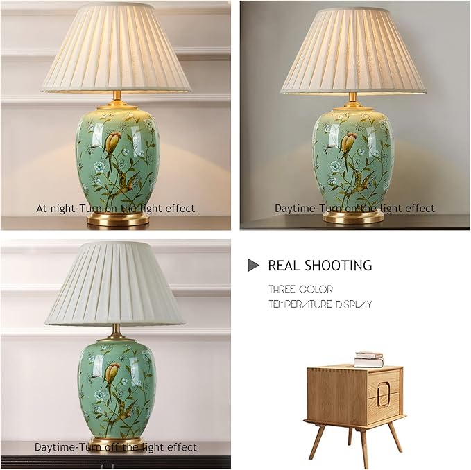 Green Flower and Bird Ceramics Table Lamp 25.5" Chinoiserie Lamp American Handmade Beige Linen Drum Shade Decor for Living Room Bedroom House Bedside Home - Bloomnest