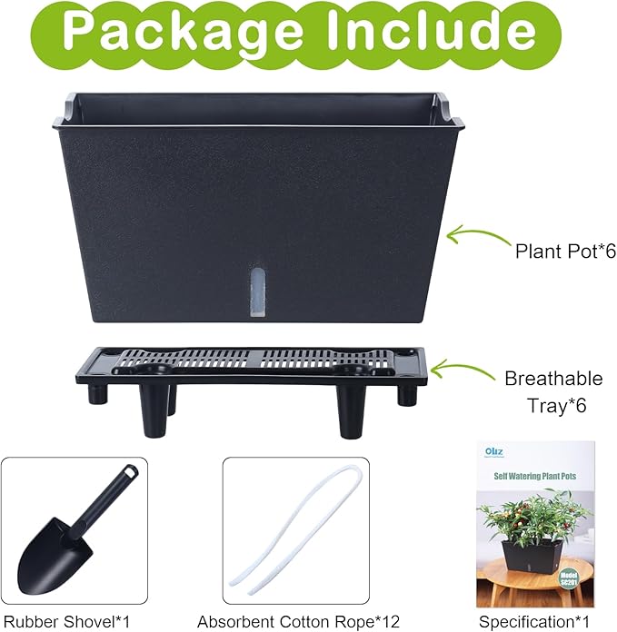 Window Box Planter 6 Pcs, 12.1 Inches Self Watering Plant Pots Rectangle Flower Pots with Drainage Holes and Breathable Trays, Vegetable Planters for Windowsill Patio Garden Balcony Porch Yard (Black) - Bloomnest