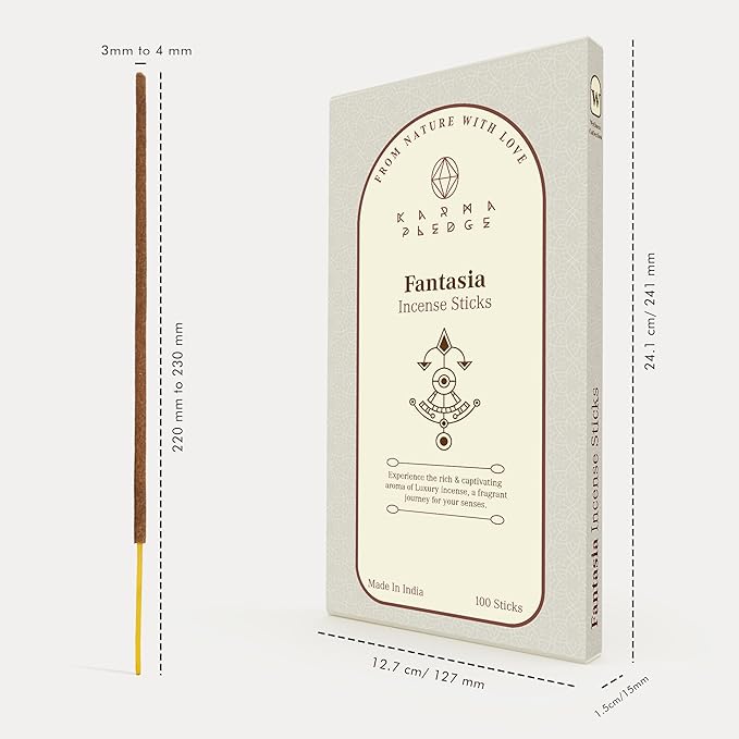 Fantasia Incense Sticks, Organic Hand Dipped 100 Sticks with Natural Herbs & Aromatic Ingredients, Burn Time 45 to 60 Minutes, Incense for Positivity, Yoga, Meditation, Relaxation, Spiritual Gift KARMAPLEDGE