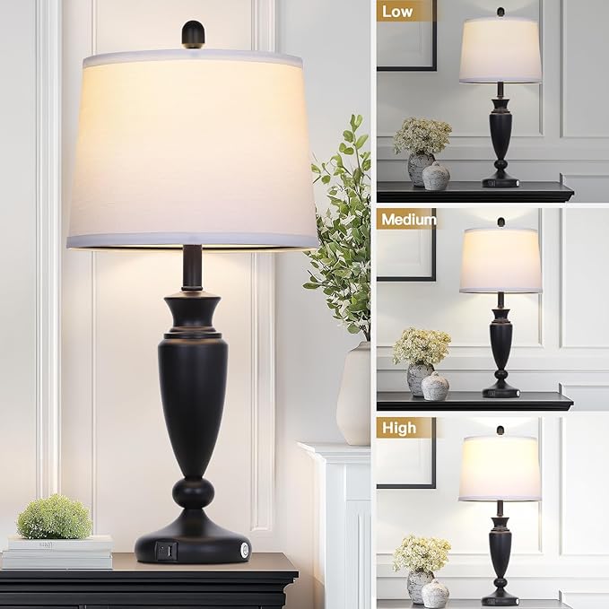 27'' Black Table Lamps Set of 2, 3 Way Touch Control Living Room Lamps with USB A+C Ports, Modern Bedside Lamps, Elegant Metal Nightstand Lamps for Bedroom Office End Table Decoration - Bloomnest
