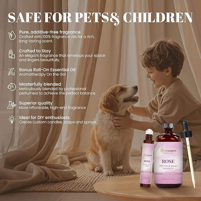 Rose Essential Oil (4 oz/120 ml) — Rose Oils for Aromatherapy, diffusers, humidifiers, Home fragrances, DIY Skincare, soap Making, DIY Candle, Relaxation, Yoga, and Meditation Ethlauff