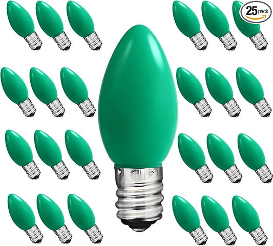 C7 Green LED Light Bulb,25 Pack 0.6w C7 Ceramic Replacement Christmas Lights with E12 Base,Green Outdoor Light Bulb for Chandelier Window Candle Christmas String Lights - Bloomnest