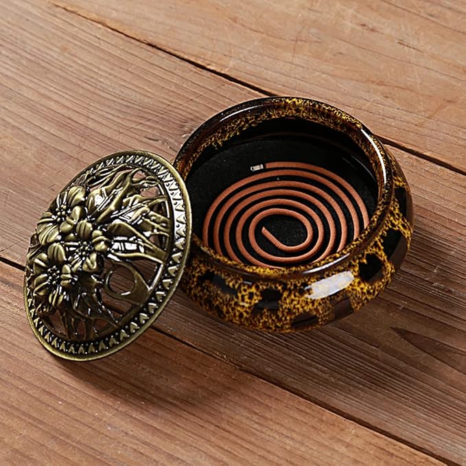Incense Burner with Calabash Incense Stick Holder - Porcelain Charcoal Censer for Use with Resin Granular Powder Cone or Coil Incense (Fambe Yellow) - Bloomnest