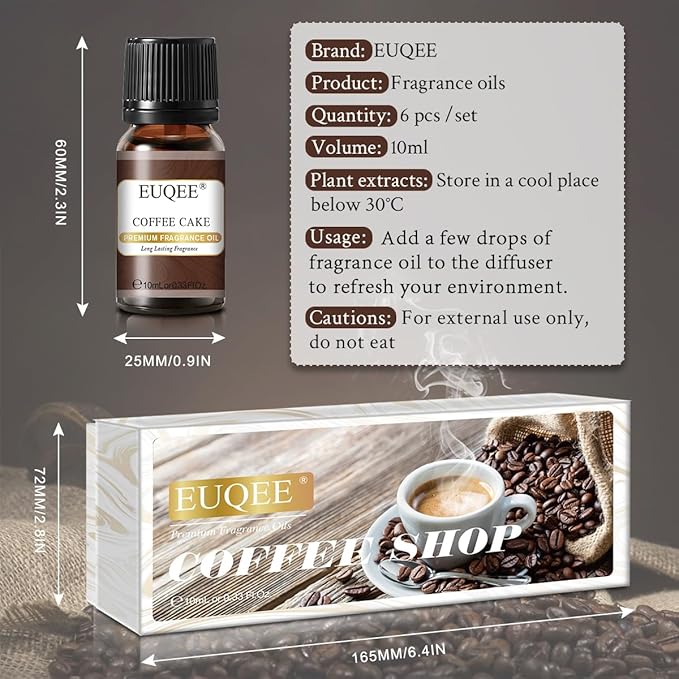EUQEE 6PCS Coffee Fragrance Oil Set(10ml), Premium Fragrance Essential Oils Set for Candle Making, Diffuser-Coffee, Chocolate, Cake, Coconut Cream, Coconut & Vanilla EUQEE