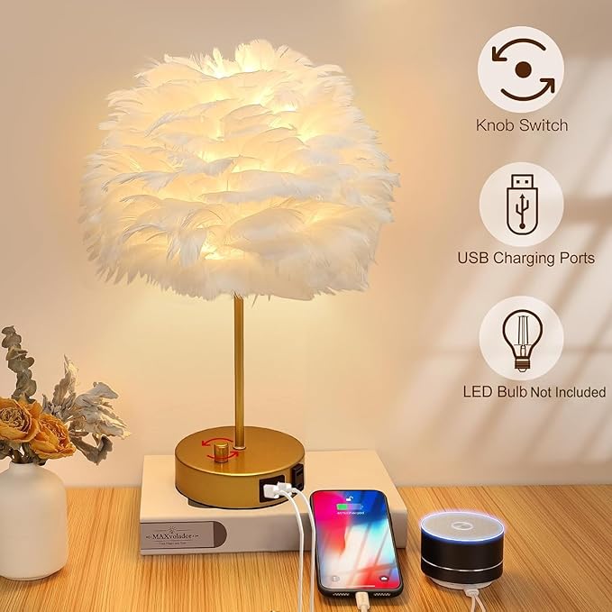 ZYLEIESENBAO Chic White Feather Lamp with USB Charging Port Modern Feather Table Lamp Cute Romantic Bedside Nightstand Light for Girl Room Childrens Room Living Room Entry Wedding Decoration - Bloomnest