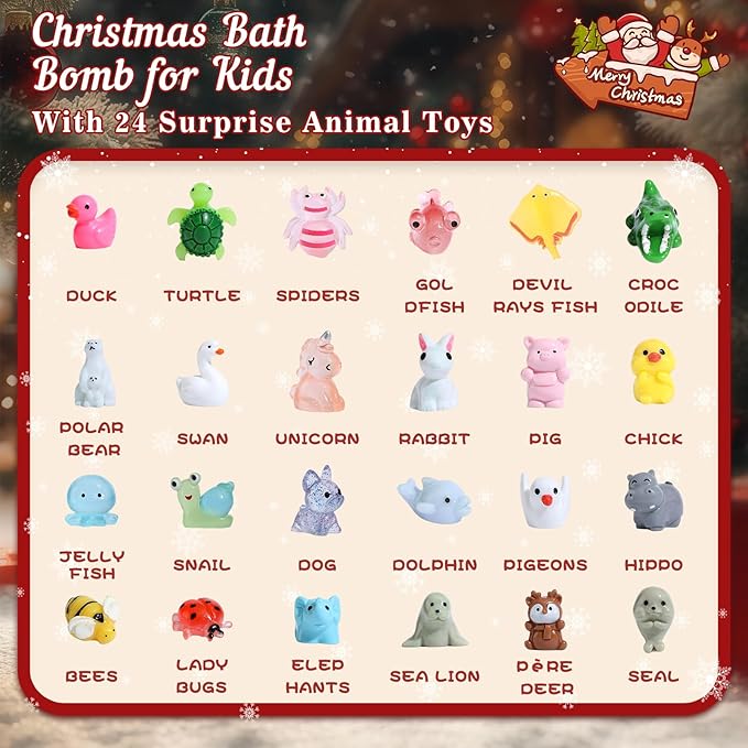 Advent Calendar 2025 Bath Bombs for Kids,Christmas Bath Bombs for Kids with 24 Animal Surprises,Handmade Natural and Organic Bubble Bath Bombs,Advent Calendar for Girls and Boys - Bloomnest