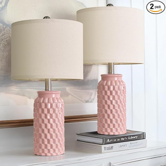 20.5" Pink Table Lamps Set of 2,Modern Farmhouse Bedside Lamps - Ceramic Nightstand Lamps for Bedroom,Boho Living Room End Tables,Small Office Desk Lamp - Bloomnest