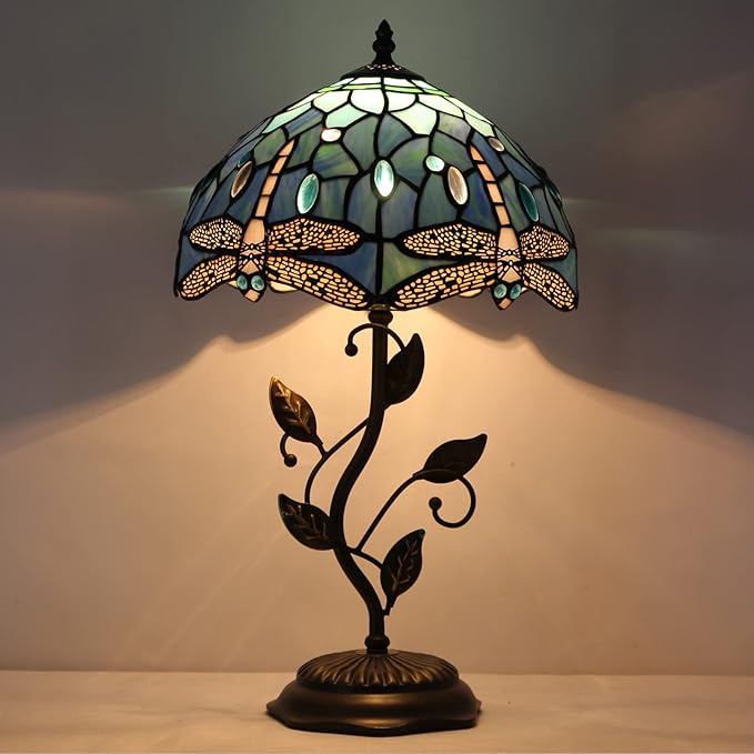 Tiffany Lamp Blue Dragonfly Style Stained Glass Table Lamp Desk Bedside Reading Light 12X12X19 Inches with Metal Leaf Base Decor Bedroom Living Room - Bloomnest