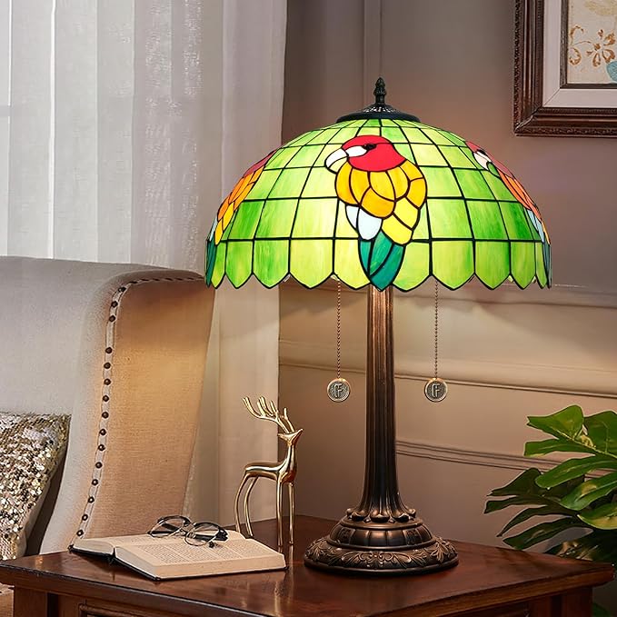 Tiffany Table Lamp Green Stained Glass Parrot Style Bedside Lamp 16X16X23 Inches Desk Decor Light Classic Farmhouse Reading Table Lamps for Home Office - Bloomnest