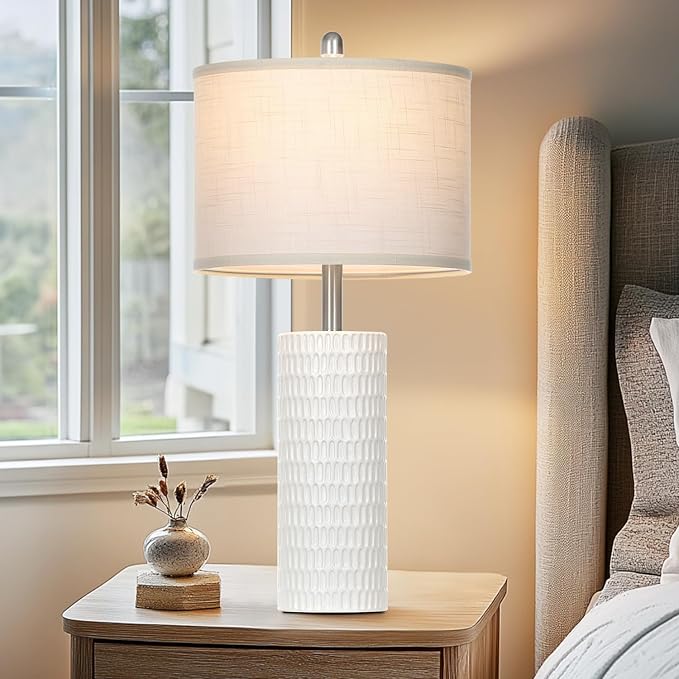 27" Ceramic Table Lamp, Farmhouse Table Lamp for Living Room, White Lamp for Bedroom, Night Stand, Modern Bedside Lamp Set of 2, End Table Lamps, White(2 Bulbs Included) - Bloomnest