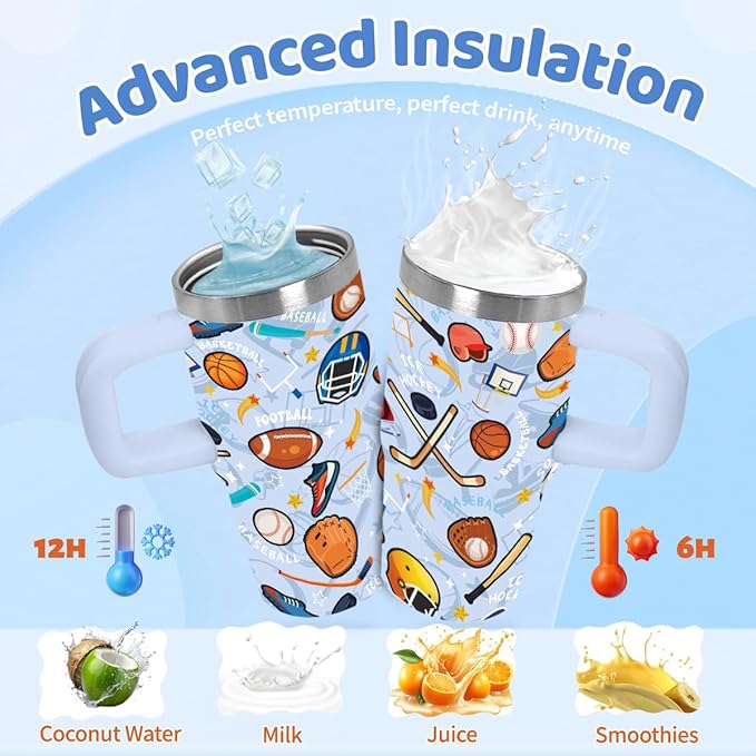 14oz Sport Theme Tumbler with Handle and Straw, Stainless Steel Vacuum Insulated Tumblers, Birthday Gifts for Sport Lover, Boy, Son, Gift for Men on Christmas Fathers Day - Bloomnest