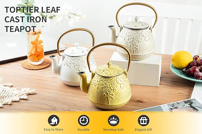 TOPTIER Japanese Cast Iron Tea Kettle with Infuser,Teapot Stovetop Safe, Leaf Design , Coated with Enameled Interior for 32 Ounce (950 ml), White - Bloomnest