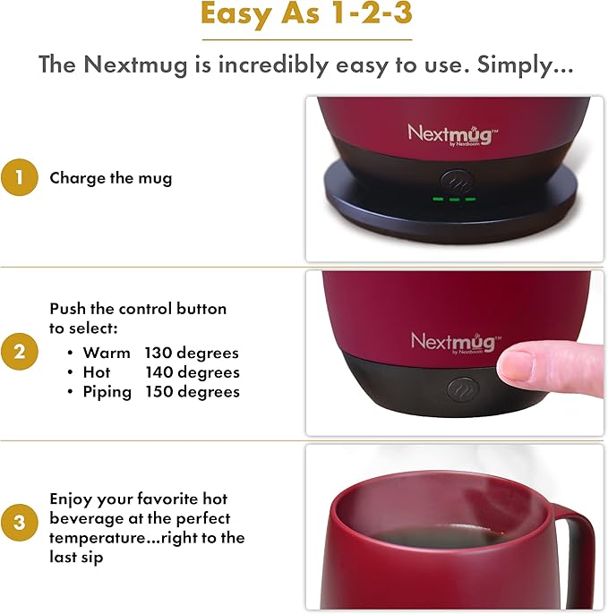 Nextmug - Temperature-Controlled, Self-Heating Coffee Mug (Burgundy - 14 oz.) - Bloomnest