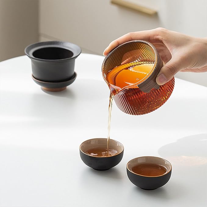fanquare Ceramic Tea Pot Set for 2 Porcelain Kung Fu Tea Set with Mini Teacups Tea Infuser Portable Handbag for Travel Tea Pot with Wooden Protection Layer, Black - Bloomnest