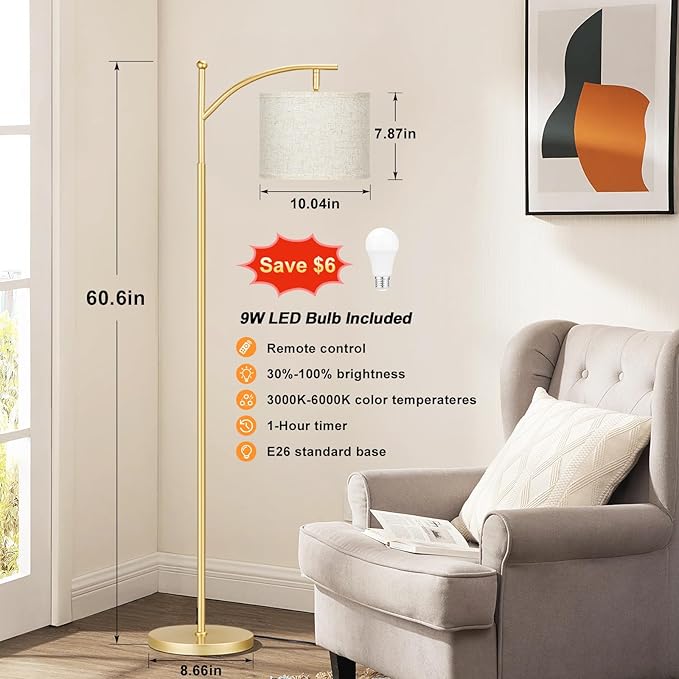 60" Floor Lamps with Remote Control & Bulb, Colors Temperature & Brightness Adjustable, Beige Shade & Gold Pole - Bloomnest