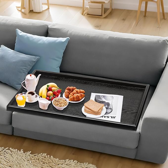 36 x 22 Inches Extra Large Solid Wood Serving Tray for Tea Coffee Table Snack Food Meals Serving Plate Kitchen Party Bar Breakfast Server with Raised Edges Black Wooden Decorative Ottoman Tray - Bloomnest