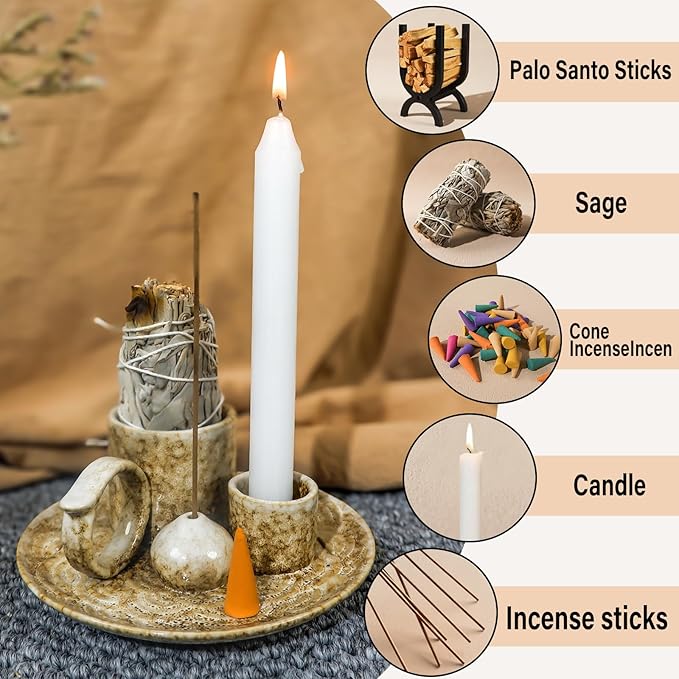 5.1Inch 5-in-1 Ceramic Smudge Bowl Brown - Incense Stick Holder, Small Candle Holder, Smudge Bowl/Dish, Fits Palo Santo, Sage.Zen Altar for Meditation/Yoga, Aromatic Scents, Easy to Clean - Bloomnest