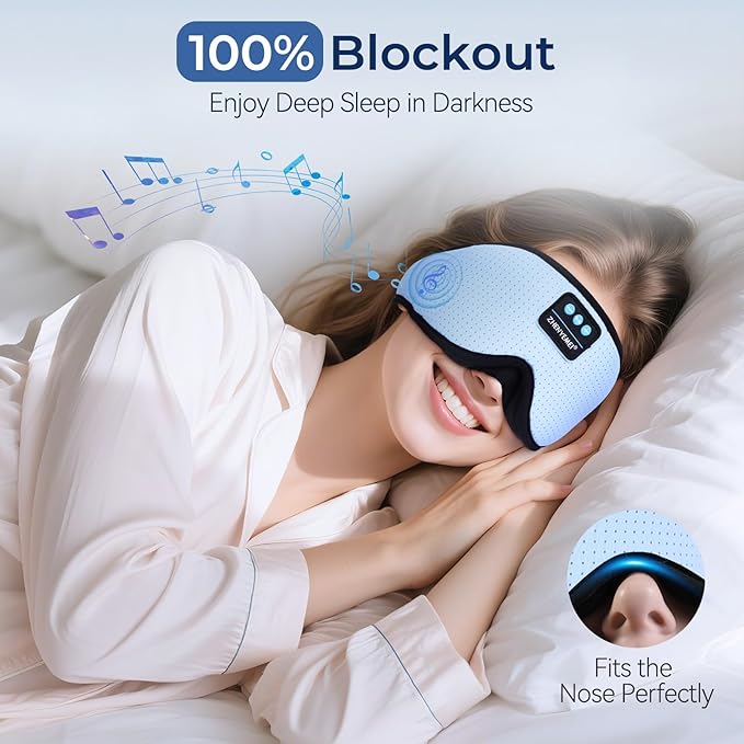 3D Sleep Mask with Bluetooth Headphones, Breathable Cotton Sleeping Headphones for Side Sleepers, Wireless Music Eye Mask with Timer, Gifts for Men Women, Blue - Bloomnest