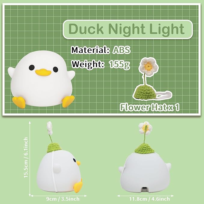 Attivolife Cute Duck Night Light, Animal Soft Silicone LED Lamp with Dimmable and Timer, Portable USB Rechargeable Bedroom Bedside Table Decor, Birthday Christmas Gifts for Girl Boy (Flower Hat) - Bloomnest