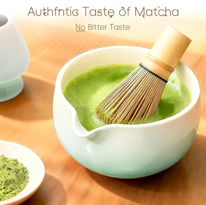 Matcha Whisk Set, Ceramic Matcha Set Includes Bowl & Holder, Bamboo Whisk (Chasen), Scoop, Spoon and Sifter, 6PCS Matcha Kit Covers Everything Needed for Making Matcha (Green) - Bloomnest
