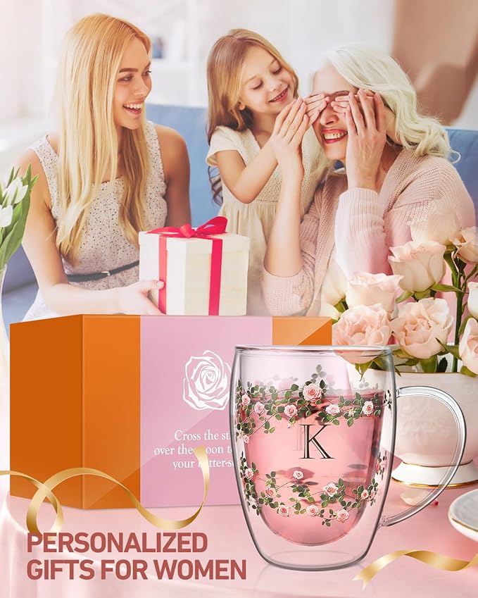 Initial Glass Cup for Women, 12oz Rose Double Walled Glass Coffee Mugs, Personalized Gifts for Women, Initial Coffee Tea Mug with Scarf, Birthday Wedding Gifts for Her Mom Teacher (ROSE-Y) - Bloomnest