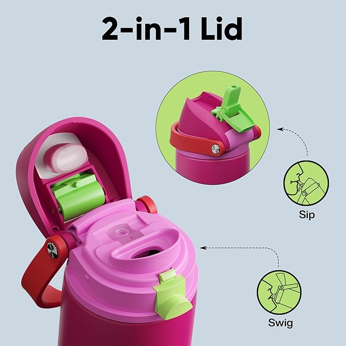 Insulated Water Bottle with Straw - Encool Stainless Steel Water Bottle with Push Button Lid, Leak-Proof & BPA-Free, Keeps Cold for 24 Hours for Sports, Travel, Gym (24 oz, Cerise Pink) ENCOOL